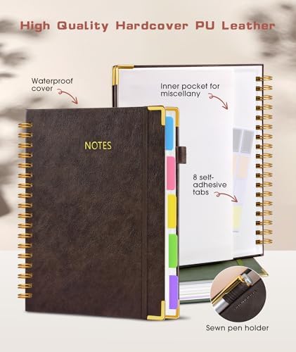 Hardcover Spiral Notebook Journal with Removable Dividers Tabs, 300 Pages Leather 5 Subject Notebook College Ruled, 8"x10" Large B5 Notebooks for Work School Note taking, Lined Journal for Women,Brown
