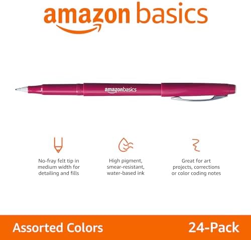 Amazon Basics Felt Tip Marker Pens, Assorted Colors, No-Fray Felt Tip, Smear-Proof, for Writing, Drawing, Journaling and Note Taking, 24-Pack