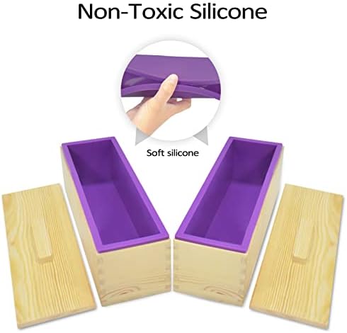 Artcome 42oz Soap Loaf Molds 2 Sets Rectangular Silicone Moulds Wooden Box with Lid, DIY Soap Making Supplies with with Stainless Steel Wavy Scraper and Plastic Straight Cutter