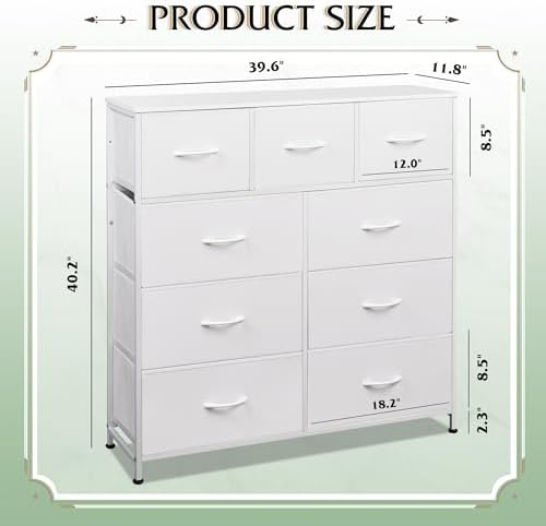 WLIVE Tall Dresser for Bedroom, 9 Drawer Chest of Drawers, White | 9 roomy fabric drawers, Tall storage design, Bedroom or closet use, Sturdy steel frame, Smooth wood tabletop
