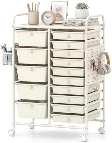 GOFLAME 15-Drawer Rolling Storage Cart with Pegboard, Craft Storage Cart with Lockable Wheels and Metal Frame, Art Cart Supply Storage Organizer for Home Office Classroom, White