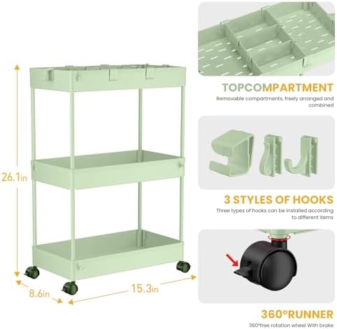 SPACELEAD 3 Tier Rolling Cart with Wheels, Storage Craft Art Trolley Organizer Serving, 3 Hanging Baskets Easy Assembly, for Office, Living Room, Kitchen, Green