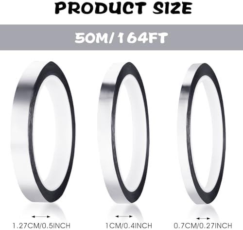 164 Yard Silver Metallic Tape, Decorative Self Adhesive Masking Tape Metallic Mirror Tapes for Wall Decor Graphic Art Tapes Crafts for Car Furniture Graphic Arts Walls Decor (1.27/1/0.67cm, 3 Roll)