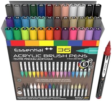 TOOLI-ART 36 Flexible Brush Tip Acrylic Paint Pens Markers Set 1-7mm Line for Rock Painting, Glass, Mugs, Wood, Metal, Canvas, Plastic. Non Toxic Waterbased Quick Drying