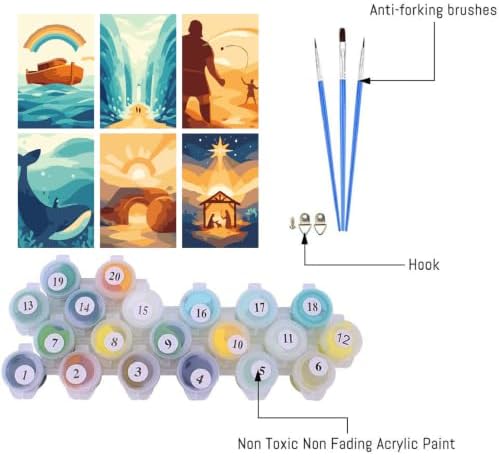 Clendo 6 Packs Paint by Numbers Kit for Adults, Bible Adult Paint by Number Kits on Canvas Without Frame, DIY Oil Painting for Home Decor Gift 8” W x 12”L