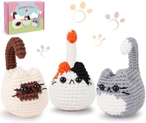 Cat Crochet Kit for Beginners-3PCS Cats Crochet Kits,Teacher Appreciation Gifts for Women, Crochet Starter Kit with Step-by-Step Video Tutorials,Crochet Animal Kits DIY Craft Learn to Crochet Kits