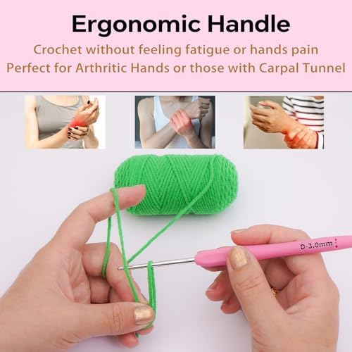3mm Crochet Hook, Ergonomic Crochet Hook, Smooth and Extra Long  Knitting Needles, with Soft Rubber Ergonomic Handle and Aluminum Tip, Perfect Beginner and Arthritic Crochet Hooks (3 mm)