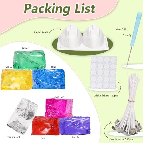 Blingfun Gel Wax Candle Making Kit with 7 Colors Jelly Wax, Rabbit Mold, Wicks, Wick Stickers, Drill - DIY Scented Candle Fun Craft Supplies for Home Decor