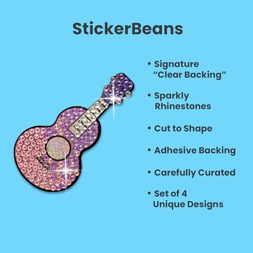 StickerBeans® Rhinestone Stickers – I Love Music Sticker Pack, 2” x 2” Unique Sparkly Cut-to-Shape for Collecting, Trading, Decorating Laptops, Phone Cases, Scrapbooks - Kids, Teens, Adults