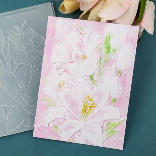 3D Embossing Folder for Card Making Lily Floral Background Plastic Embossing Folder for DIY Scrapbooking Lily Flowers Background Cover Template for Mother's Day Valentine's Day Thanksgiving Day Decor