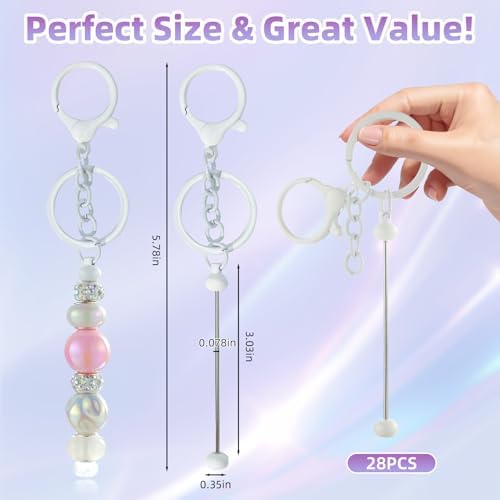 28 Pcs Beadable Keychain Bars - Keychain Making Kit Bulk - Metal Beaded Keychains for Crafting - Diy Key Chain Supplies - Blank Keychains Bars for Beads - Beadable Items (White)