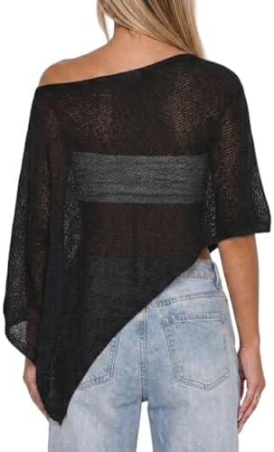 Womens Sheer Poncho Tops Lightweight Knitted Shrug Crochet Mesh Cover Up Summer Beach Shawl