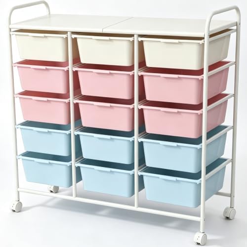 15-Drawer Rolling Storage Cart with Wheels, 3-Color Plastic Drawer Cart | Mobile Organizer Cart, Utility Storage Trolley for Office, Living Room, Craft Room, Bathroom, and Home Organization