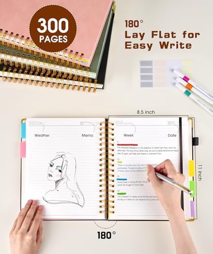 Hardcover Spiral Notebook 8.5"x11" Journal with Removable Dividers Tabs, 300 Pages Leather 5 Subject Notebook College Ruled, Large A4 Notebooks for Work School, Lined Journal for Women, A4 Black