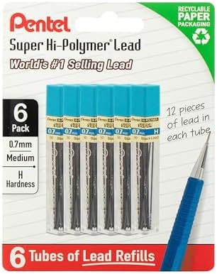 Pentel Super Hi-Polymer Lead Refills, 0.7 mm, H, 72 Pieces (12 pcs per tube, 6 tubes)