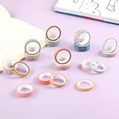 Washi Tape Set of 18 Rolls, Assorted Sizes, Decorative Tape for Journaling, Scrapbook, DIY Décor, Craft Supplies, Gift Wrapping, Metallic Foil, Painters Summer