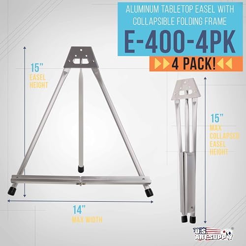 U.S. Art Supply 15" High Aluminum Tabletop Display Easel for Painting | 4-Pack, Adjustable Folding Stand, Portable Art Easel for Displaying Canvas, Whiteboards, Posters, Signs, Pictures, Paintings