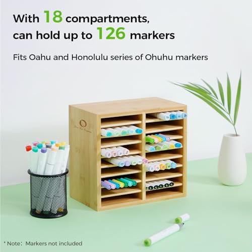 Ohuhu Bamboo Marker Organizer, Wooden Desktop Storage Holds 126 Markers