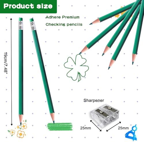 Adhere 25pcs Checking Pencils Erasable colored Pencils Pre-Sharpened #2 HB,for Checking Tests Grading,Map Coloring, editing Office Favors,including a Free sharpener. (Green)