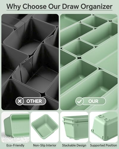 KEMETHY 25 PCS Plastic Drawer Organizers Set, 4 Sizes Vanity Organizer, Makeup and Desk Drawer Organizer Trays, Organization and Storage for Makeup, Bathroom, Kitchen Utensils and Office (Green)
