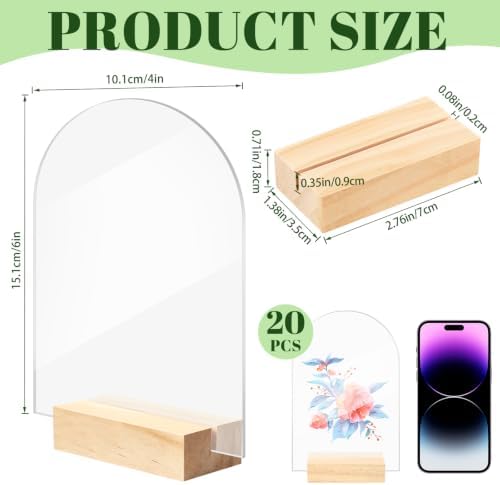 Bercoor 20 Pack 4x6 Inch Blank Clear Arch Acrylic Sign with Wooden Stands, Arched Round Top Acrylic Sheet, DIY Acrylic Arch Table Numbers for DIY Name Card Gifts Event Party Sign Decoration