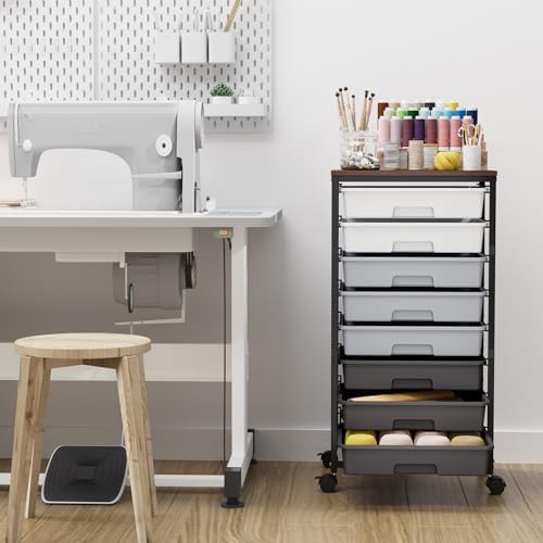 Rolling Storage Cart with 8 Drawers, Utility Cart on Wheels with Wooden Tabletop, Utility Cart for Teacher Storage, Office Organizer, Classroom Storage Cart, Craft Storage, Grey | Utility Cart on Wheels with Wooden Tabletop,Teacher Organization for Cla...