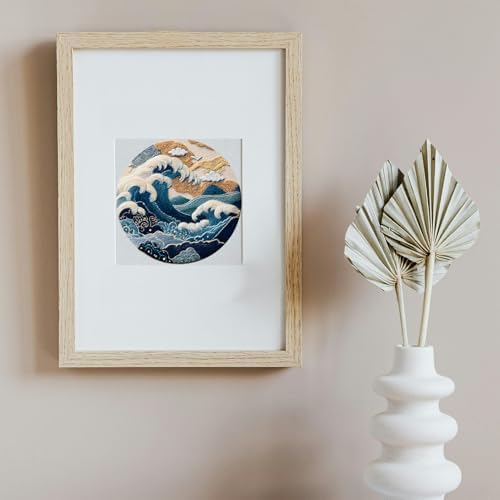 FONNUY Embroidery Kit for Beginners, Stormy Sea Wave Flowers Pre-Stamped Pattern Kits for Adults with Hoop, Easy to Follow Color Thread Needlework, 8'' Hoop (White)