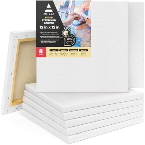 ARTEZA Premium Stretched Canvas, 12 x 12 Inches, Pack of 8, Blank White Square Canvas Boards for Acrylic, Oil and Gouache Painting