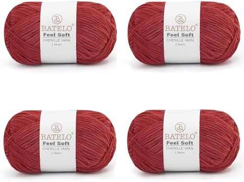 Thin Chenille Yarn for Crocheting & Knitting, Soft Plush Yarn for DIY Crafts, Amigurumi, Home Decor - 3 Light - 4 Pack of 1.7oz/142yds - Rose Red
