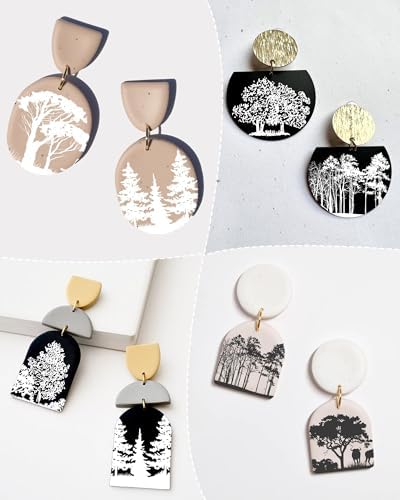 Puocaon Tree Clay Silk Screen - 6 Pcs Stencils for Polymer Jewelry, Forest Earrings Making, Pine Tree Design