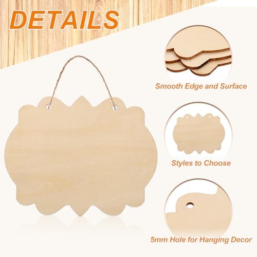 MECCANIXITY Unfinished Hanging Wood Sign Blank with Ropes 6"x5" Unfinished Wood Crafts Boards Wooden Plaques for Crafts DIY Painting Burning Carving Door Wall Decoration, Style 9, Pack of 12