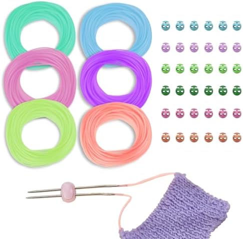 GeryVtee Cord Lock Kit Knitting Stitches Holder Barber Cord Stitch Markers Knit Stiches Keeper 36 Pcs Silicone Stitch Holders & 6 Rolls Round Barber Cords for Knitting Projects