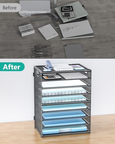 WALI Desk File Organizer, 9 Tier Desktop Paper Letter Tray Organizer with Handle, Office Desk Accessories & Workspace Organizers for Office, Home, School Supplies, 1 Pack, Black