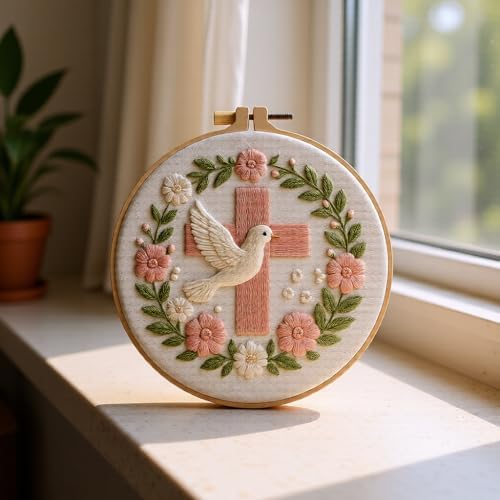 JJFox Embroidery Kit for Beginners and Adults, DIY Hand Embroidery Starter Kit with Cute Pattern, Cross Stitch Needlepoint Set with Hoop, Threads and Instructions (Cross)