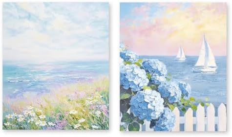 RLTXBUK 2 Pack Nautical Sailboat Blue Hydrangea Diamond Art Kits, Coastal Grandma Decor, Summer Seaside Flower Landscape Gem Diamond Painting Art Kits for Adults Kids Beginners, 9.8x11.8 Inch