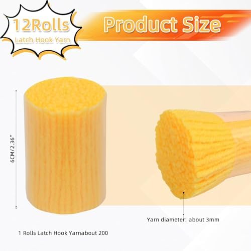 AKZYTUE 12 Rolls Latch Hook Yarn, Precut Rug Yarn for Latch Hook Kits, Crochet Yarn Bundles for Latch Hook Rug Making, DIY Tapestry Crafts for Adults & Beginners,Yellow