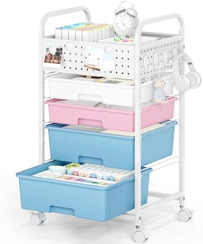 4 Drawer Rolling Storage Cart with Pegboard Top and Hooks, Pink&Blue