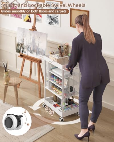 Rolling Utility Art Cart with Paint Storage & Brush Organizer,White