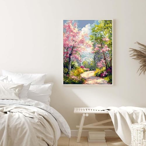 Alptiny Spring Landscape Paint by Numbers Kit for Adults Beginner, Floral Pathway Paint by Number Kits, DIY Flower Oil Painting Kit for Relaxation & Home Decor, 16x20 Inch