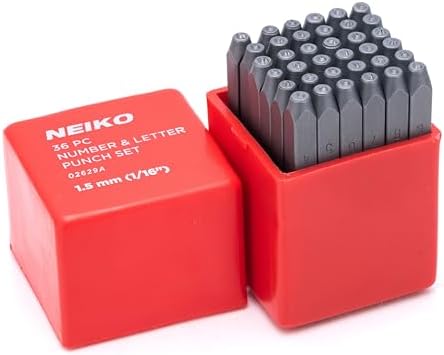 NEIKO 02629A Number and Letter Punch Set with Heat-Treated Steel Punches, Imprinting & Arts and Crafts, 1/16" (1.5MM) Shaft, 36 Pc Stamp Set, Uppercase Letter & Number Punch Set (A-Z / 0-8 / "&")