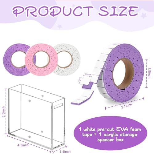 Double Sided Foam Tape Pre Cut 3/4 X 1/2 Inch EVA Foam Adhesive Squares Roll with Acrylic Storage Box 3D Foam Squares for Crafts Arts Sewing DIY Office Supplies (Tape+Box, Purple)