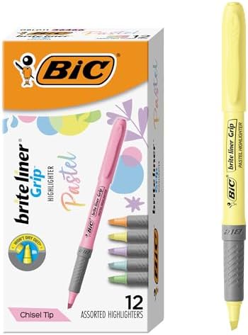 BIC Brite Liner Grip Pastel Highlighter Set, Chisel Tip, 12-Count