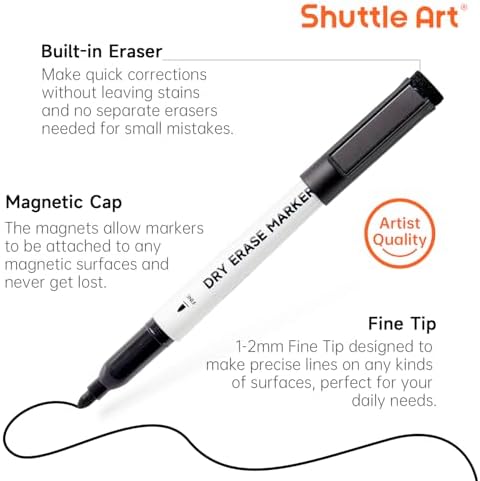 Shuttle Art Dry Erase Markers, 15 Pack Black Magnetic Whiteboard Markers with Erase,Fine Point Dry Erase Markers Perfect For Writing on Whiteboards, Dry-Erase Boards,Mirrors for School Office