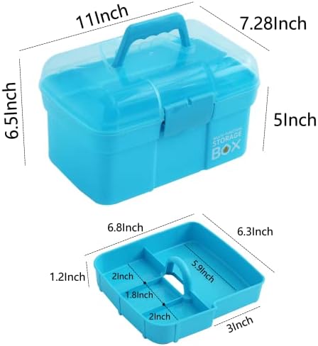 Kinsorcai 11'' Plastic Storage Box with Removable Tray, Multipurpose Organizer and Storage Case for Art Craft and Cosmetic (Blue)