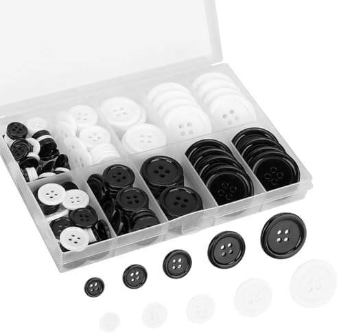 160 Pcs 4 Hole Craft Buttons Assorted Round Buttons Resin Sewing Buttons Black Clothes Buttons Large Small Plastic White Buttons with Storage Box