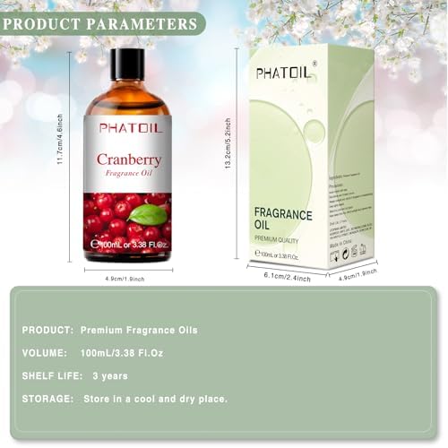 PHATOIL Cranberry Fragrance Oil for Diffuser Aromatherapy 3.38FL.OZ | Long Lasting Scented Oils For Humidifier, Air Freshener, DIY Soap Candle, Scent Project Making, Aroma Oil for Home Freshening