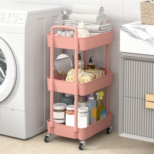 Sywhitta 3-Tier Plastic Rolling Utility Cart with Wheels for Storage, Pink