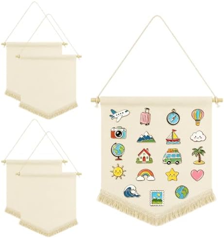Klmnop 5 Pcs Blank Canvas Banners with Tassels, Enamel Pin Display Banner Wall Hanging, Sublimation blank Banner for Pin Brooch Earrings Jewelry Craft Decor, Beige