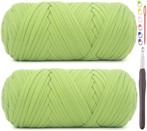 2 Pack Tshirt Yarn for Crocheting,Green T Shirt Chunky Elastic Fabric Thick T-Shirt Crochet Yarn for Beginners Crocheting Hand Knitting Bag/Basket/Coasters/DIY Crafts/Home Decor 2 * 200G(Apple Green