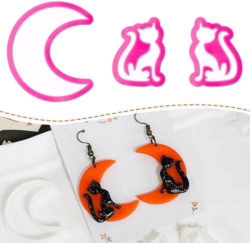 Xaekicr Halloween Moon and Cat Polymer Clay Cutters Set – 3Pcs Clay Earring Cutters for Halloween Earrings Making – Polymer Clay Molds and Tools for Jewelry DIY